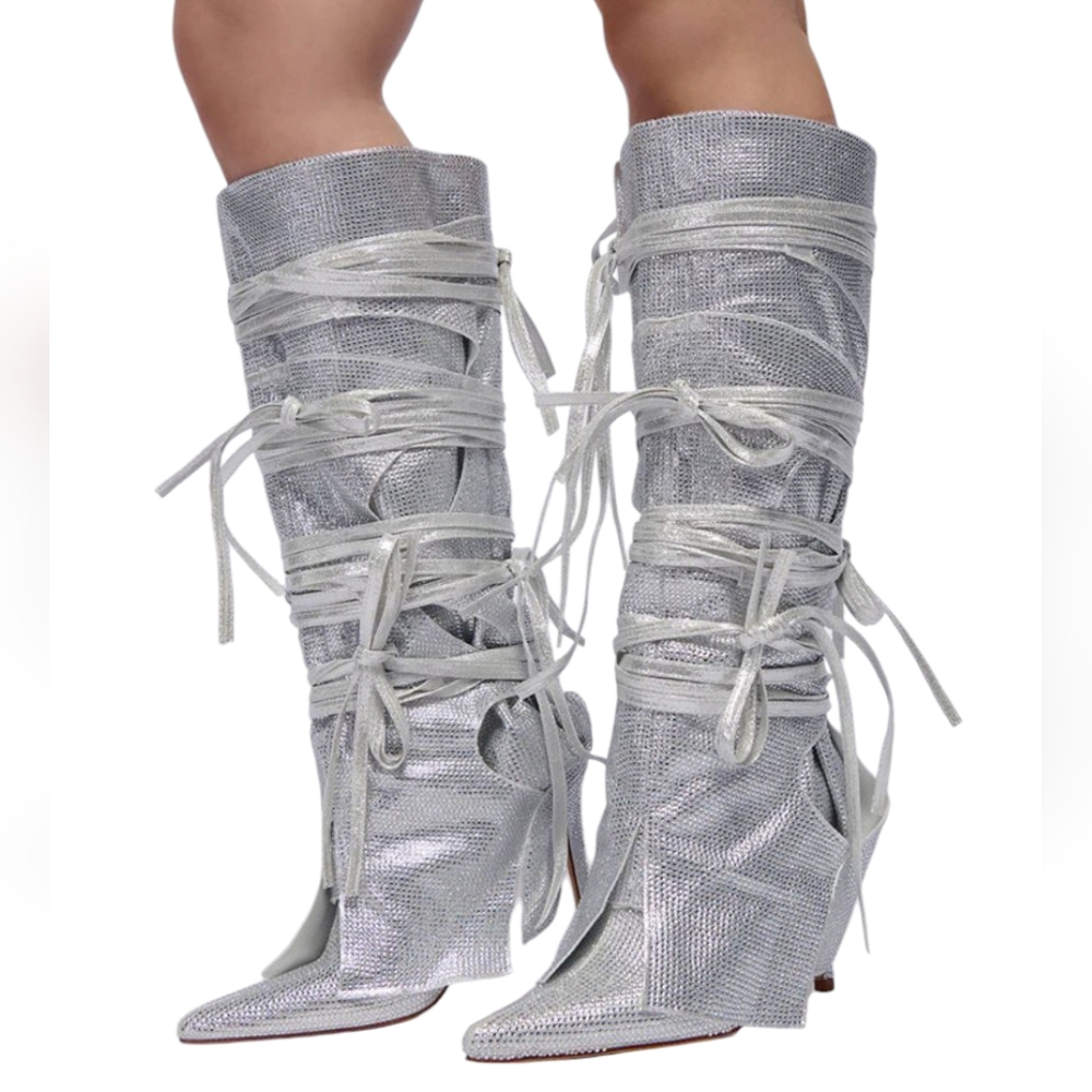 Azalea Wang Silver Preppy Clueless Women's Knee-High Rhinestone Boots Size 9